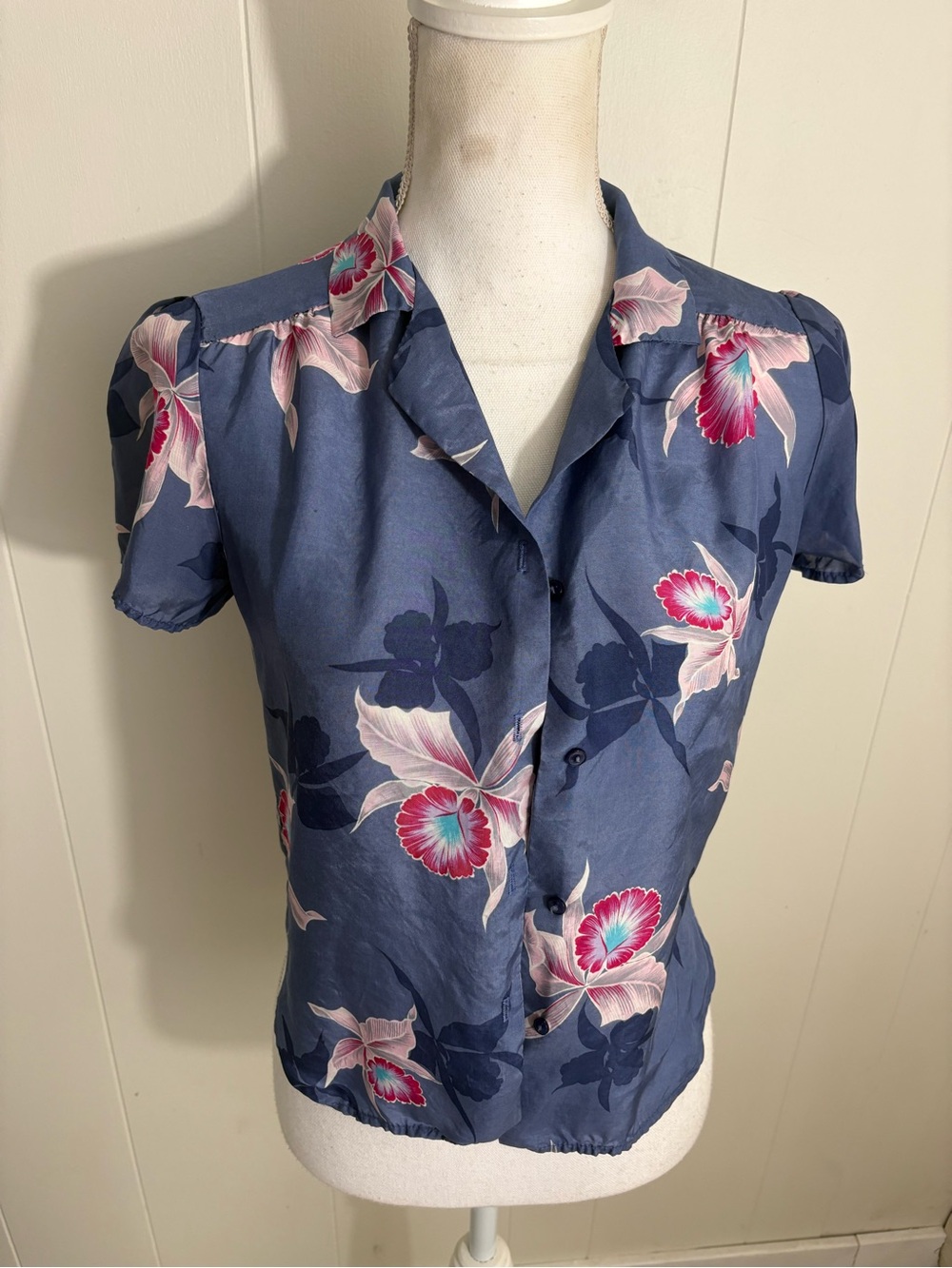 Vintage 80s Blue Button-Down Top with Pink Floral Print